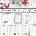 9 free printable Christmas word searches on a Christmas background with title band across the top part