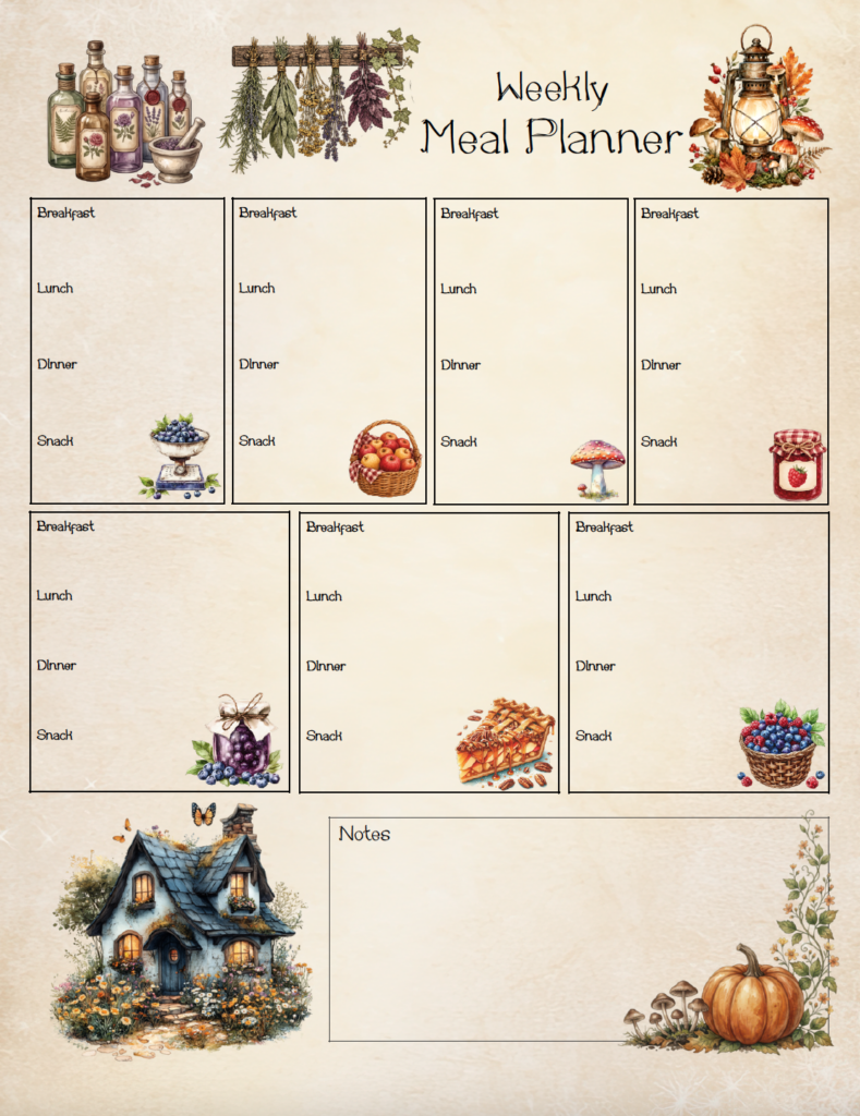 Plan your weekly menu with this free printable cottagecore meal planner. The open seven-day layout gives you plenty of room for meals and snacks, with a large notes section for meal prep reminders, recipe ideas, or anything else you need for the week. A cozy cottage, herbs, mushrooms, fruit, preserves, and other whimsical details give this weekly meal planner printable a charming cottagecore aesthetic. Download the free PDF and print at home.