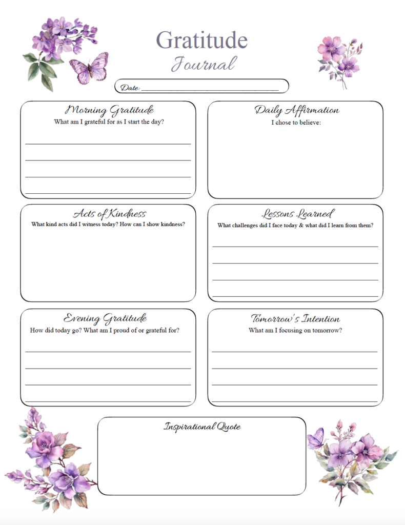 Use this free printable daily gratitude journal page to reflect on morning and evening gratitude, affirmations, acts of kindness, lessons learned, and intentions. The pretty purple floral and butterfly design makes this gratitude journal PDF both useful and inspiring.