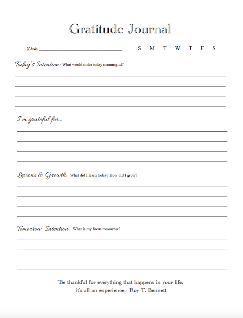 This free printable daily gratitude journal features a minimalist black-and-white design with plenty of writing space. Record what you’re grateful for, today’s intention, lessons and personal growth, and tomorrow’s intention. Download the gratitude journal PDF for an easy, printer-friendly way to practice gratitude.
