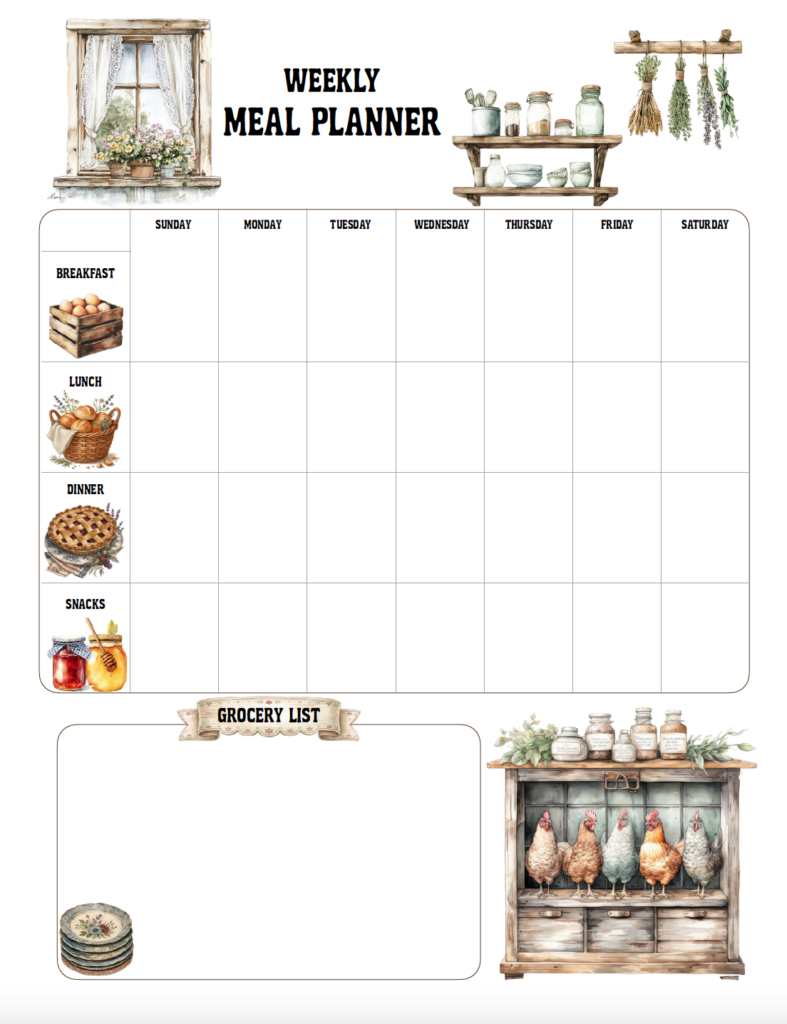 Plan your weekly menu with this free printable rustic farmhouse meal planner. It includes space for breakfast, lunch, dinner, and snacks for all seven days, plus a grocery list area to organize your shopping. Cozy country-kitchen details, including herbs, chickens, and watercolor food, give this weekly meal planner printable a warm farmhouse style. Download the free PDF and print at home.