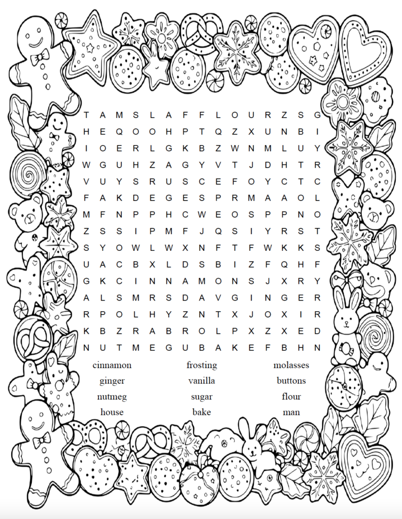 This free printable gingerbread Christmas word search is a fun activity for kids, with 16 gingerbread-themed words to find. Kids can solve the puzzle and color the gingerbread and cookie border too. Download the free PDF with answer key included.