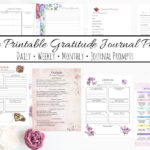 Featured image showing free printable gratitude journal pages and free prompt pages. White background with flowers, text overlay, and images of pages.