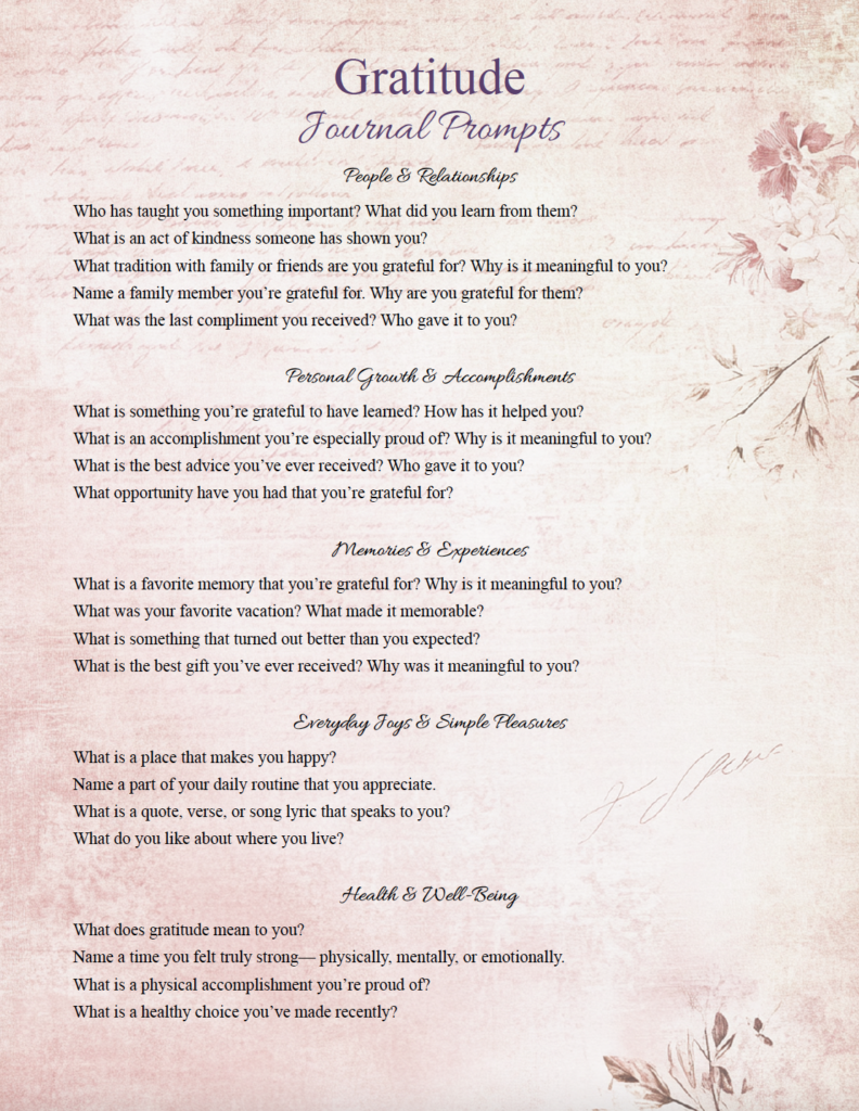 Need ideas for what to write in your gratitude journal? This free printable includes 21 gratitude journal prompts organized into five categories: relationships, personal growth, memories, everyday joys, and well-being. Download the printable gratitude journal prompts PDF for inspiration whenever you’re not sure what to write.