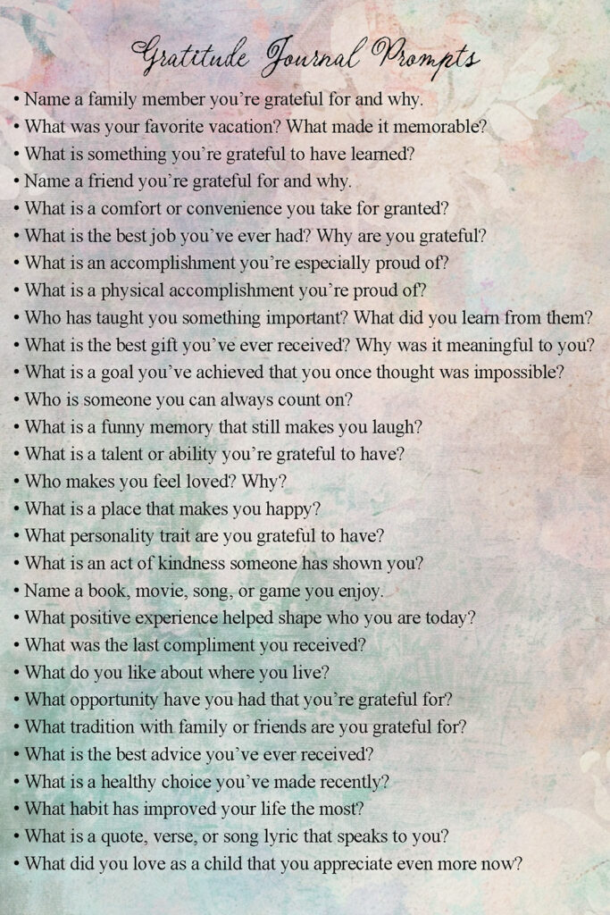 Looking for gratitude journal prompts? Use these prompts to reflect on the people, experiences, accomplishments, and everyday joys you appreciate. Find even more journaling prompts in the post, plus free printable gratitude journal pages and printable prompt sheets to help you start your own gratitude practice.