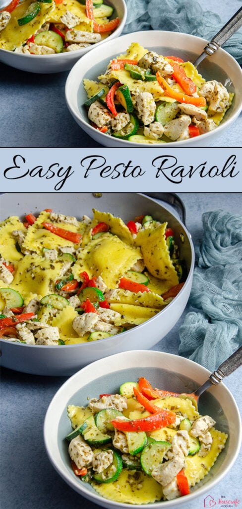 This easy pesto ravioli with chicken is a simple weeknight dinner made with cheese ravioli, basil pesto, chicken, zucchini, and red pepper. A quick and flavorful ravioli recipe that's perfect for busy nights.