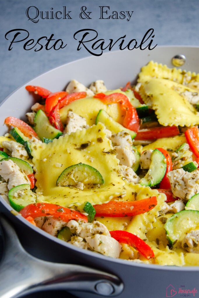 Looking for an easy weeknight dinner? This pesto ravioli recipe combines cheese ravioli with chicken, zucchini, red pepper, and basil pesto for a quick pasta dinner the whole family can enjoy.