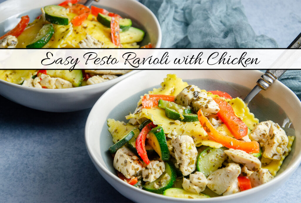 Cheese ravioli, basil pesto, chicken, red peppers, and zucchini in two white and light blue bowls on a bluish background.