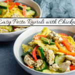 Cheese ravioli, basil pesto, chicken, red peppers, and zucchini in two white and light blue bowls on a bluish background.