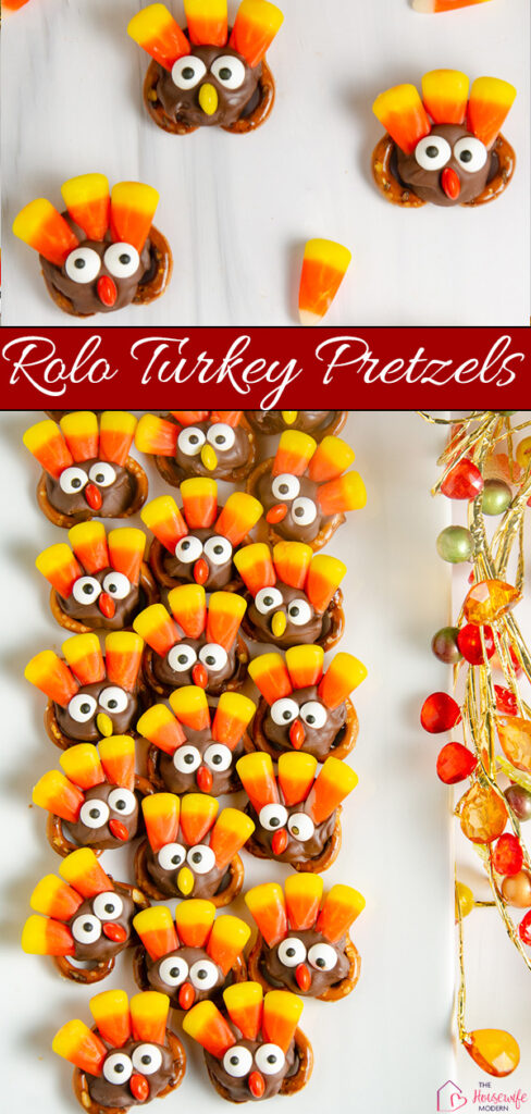 These Rolo Turkey Pretzels are an easy Thanksgiving treat made with pretzels, Rolos, candy corn, and candy eyes. These cute pretzel turkeys are simple to make and perfect for a fun Thanksgiving dessert or treat.
