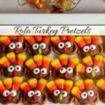 Rolo turkey pretzels arranged on white plate with fall decoration across top border. Text overlay with recipe title.