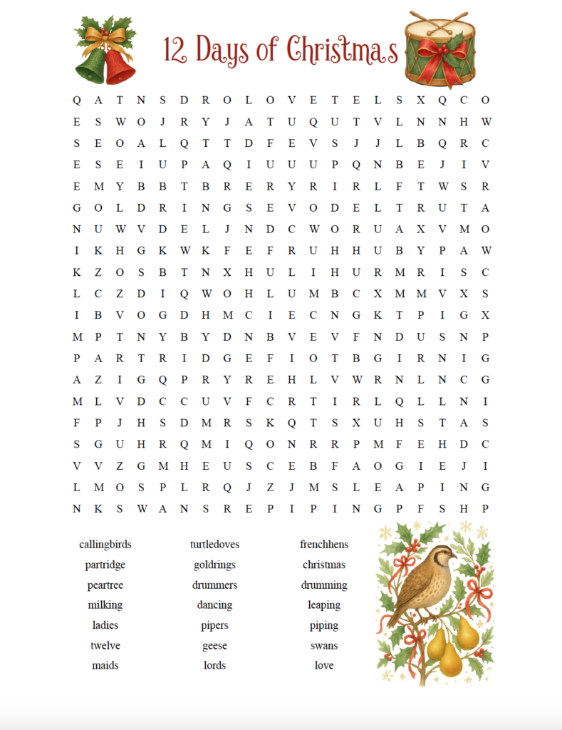 Looking for a challenging Christmas word search? This free printable 12 Days of Christmas word search has 21 themed words and phrases hidden in a 20×20 puzzle. Download the PDF with answer key for a fun Christmas activity for adults and older kids.