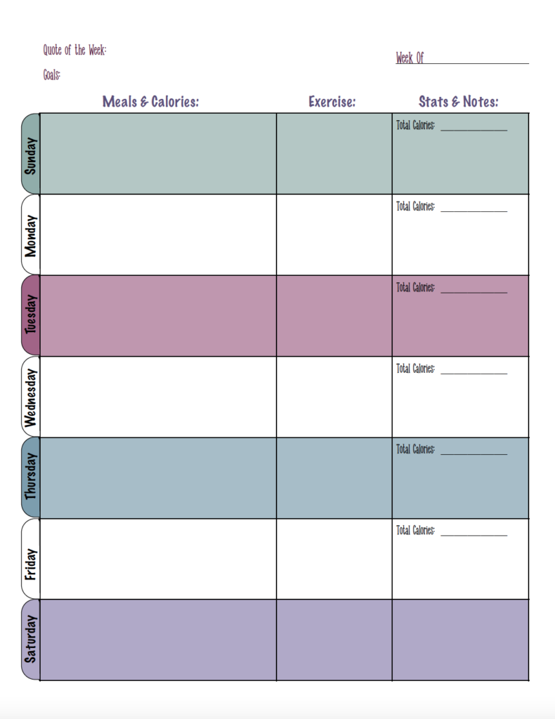 Track meals and workouts in one place with this free printable food and exercise journal. Record meals, calories, exercise, daily stats, notes, and your weekly goal. Choose from a muted color design or printer-friendly black and white version. Download the free PDF weekly food journal and start tracking your week.