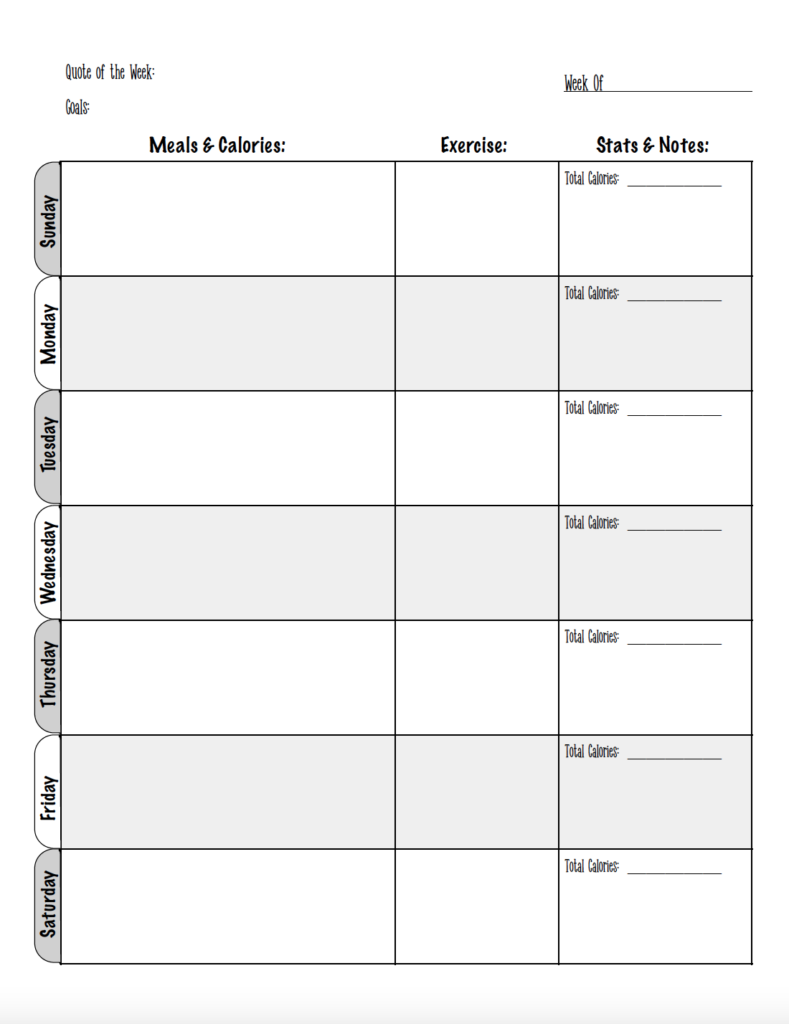 Track meals and workouts in one place with this free printable food and exercise journal. Record meals, calories, exercise, daily stats, notes, and your weekly goal. Choose from a muted color design or printer-friendly black and white version. Download the free PDF weekly food journal and start tracking your week.