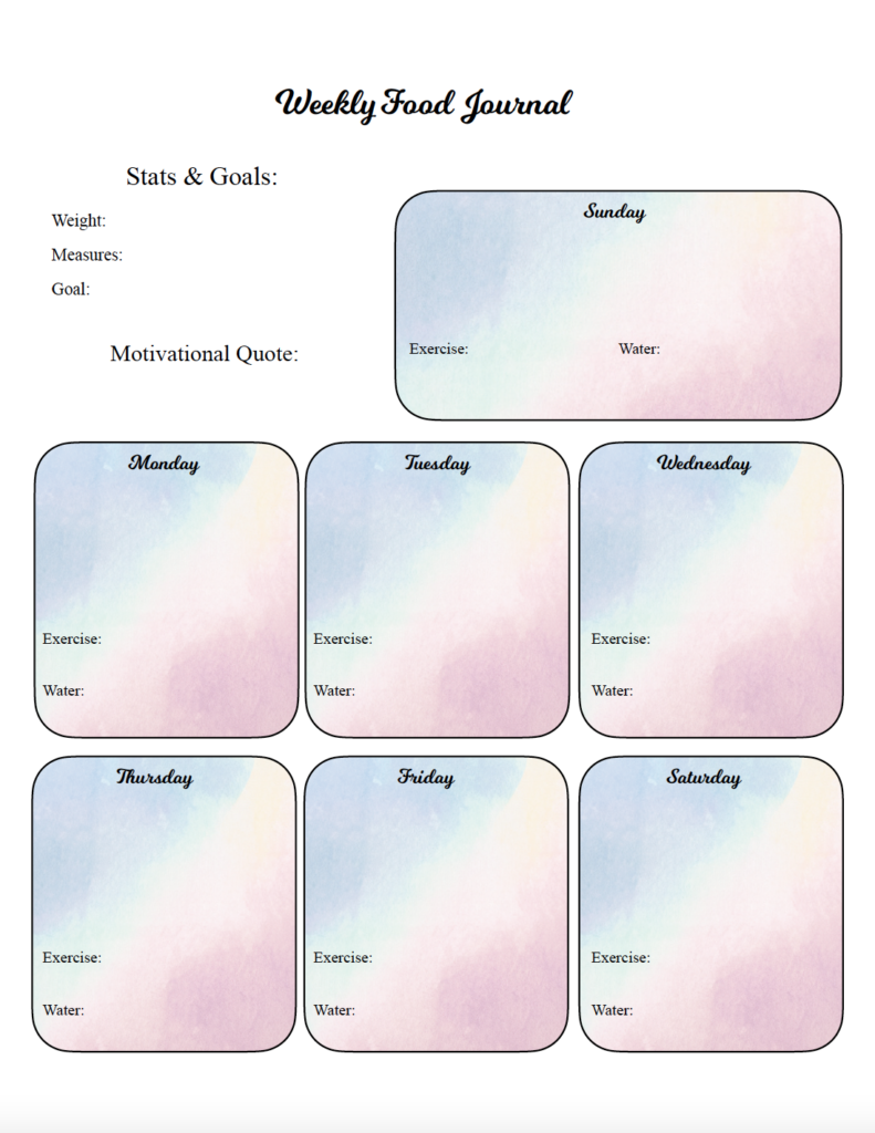 Track your week in one place with this free printable food journal. It includes space for daily food entries, water, and exercise, plus weekly stats, goals, and motivation. The soft watercolor design adds a little color while leaving plenty of room to write. Download the free PDF weekly food tracker to get started.