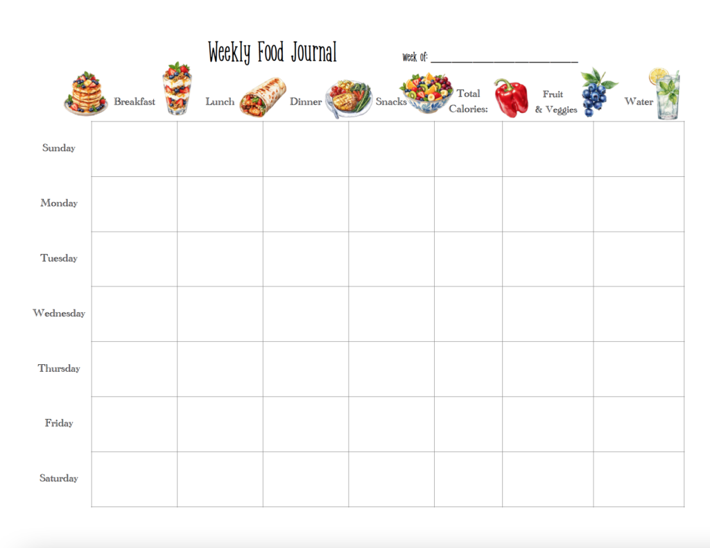 Track your meals all week with this free printable weekly food journal. This landscape food diary includes space for breakfast, lunch, dinner, snacks, calories, fruits and vegetables, and water. Download the free PDF food journal for an easy one-page view of your week.