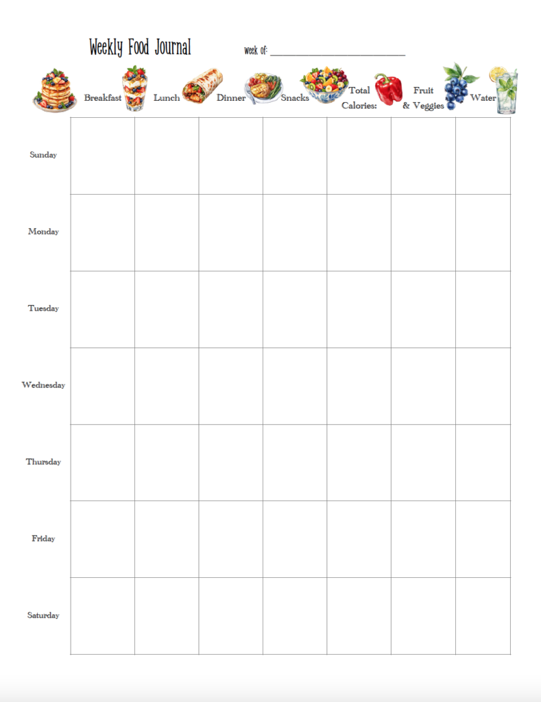 Keep track of meals throughout the week with this free printable weekly food journal. The portrait food tracker includes space for breakfast, lunch, dinner, snacks, calories, fruits and vegetables, and water. Download the free PDF and start tracking your week.