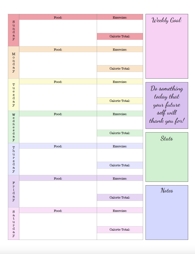 Stay motivated while tracking your week with this free printable weekly food journal. Record daily food, exercise, and total calories, plus your weekly goal, stats, and notes. The pastel rainbow food tracker also includes a motivational quote for a little extra inspiration. Download the free PDF.