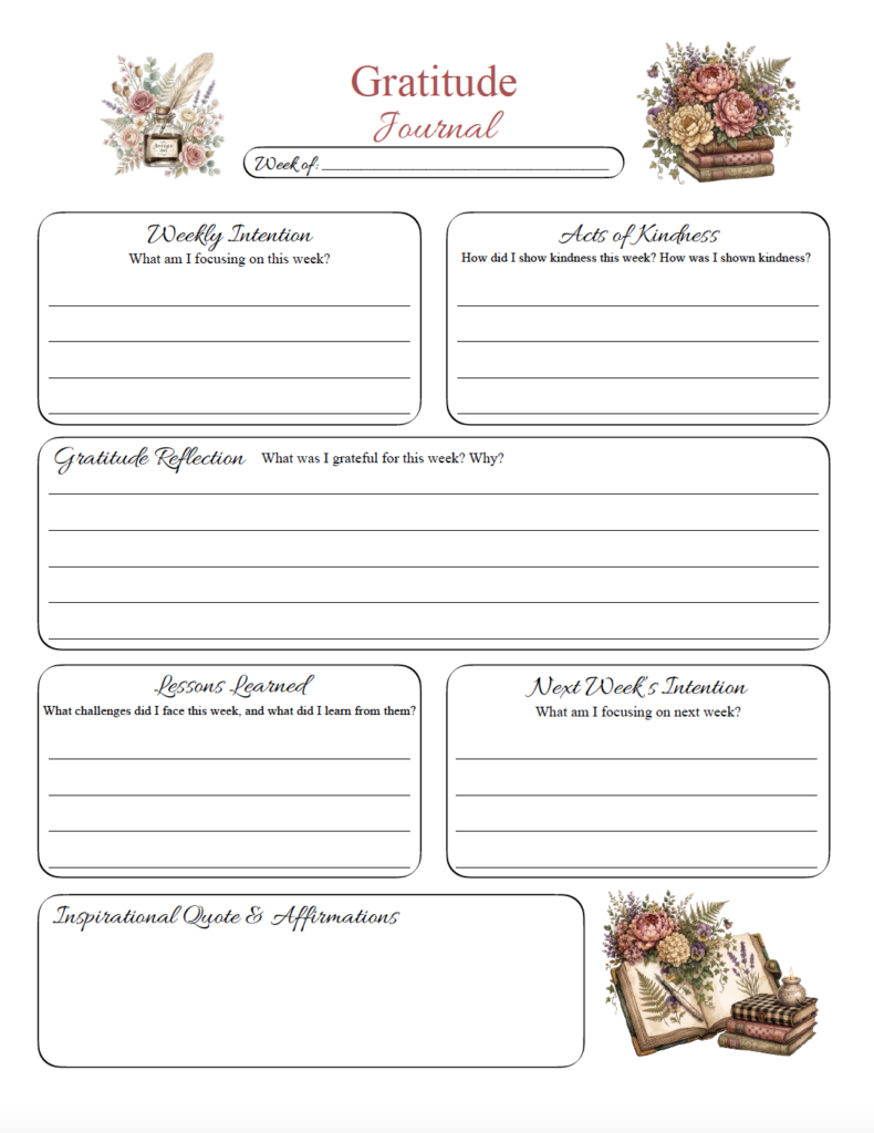 Reflect on the week with this free printable weekly gratitude journal. Record your weekly intention, acts of kindness, gratitude, lessons learned, and next week’s intention, with extra space for a quote or affirmation. The cottagecore floral design adds a pretty touch to this gratitude journal PDF.
