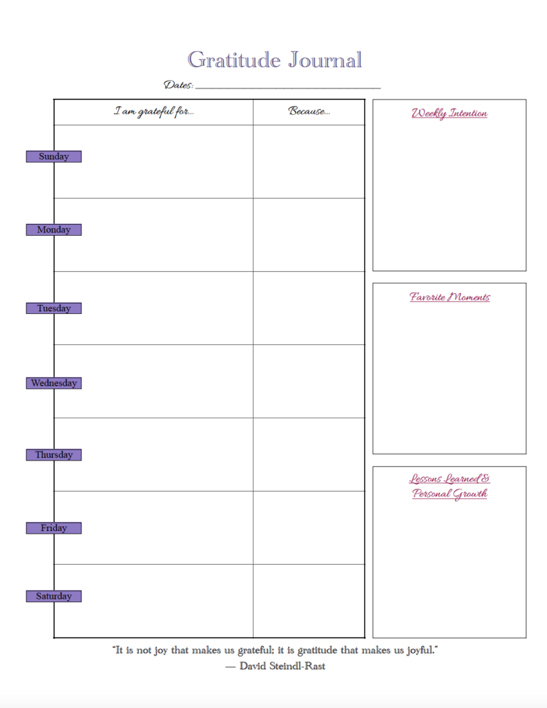 Practice gratitude throughout the week with this free printable weekly gratitude journal. Write what you’re grateful for and why each day, then reflect on your weekly intention, favorite moments, lessons learned, and personal growth. Download the simple gratitude journal PDF and start any week of the year.
