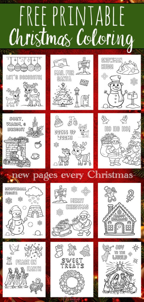 Download these free printable Christmas coloring pages for kids for a fun holiday activity! The collection includes Santa coloring pages, snowman coloring pages, reindeer, gingerbread, Christmas ornaments, Nativity scenes, and more festive designs. Print your favorites for an easy Christmas activity at home, in the classroom, or at a holiday party. Free PDF download.