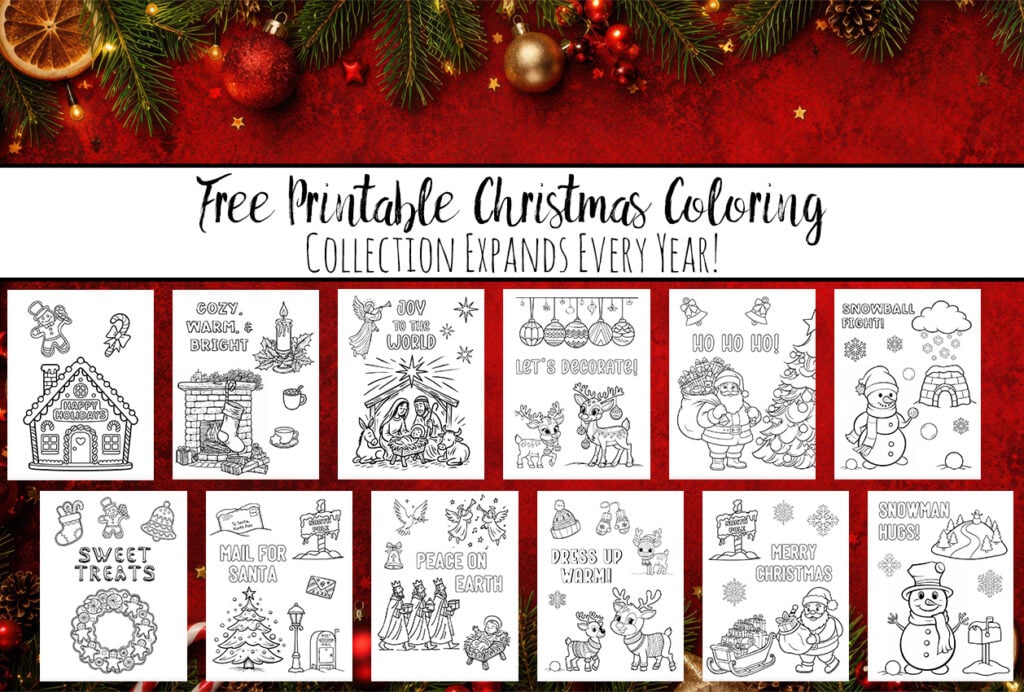 Red Christmas background with green branches and ornaments. Images of 12 printable Christmas coloring pages on top with text overlay.