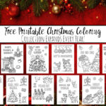 Red Christmas background with green branches and ornaments. Images of 12 printable Christmas coloring pages on top with text overlay.