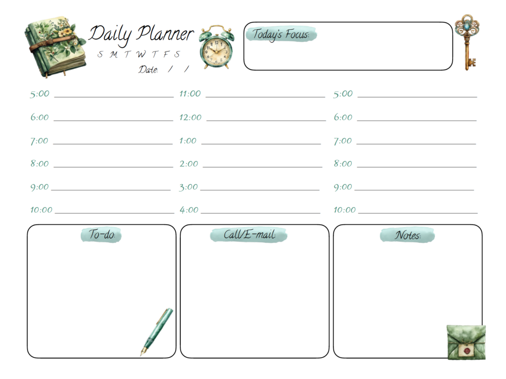 Try this free printable landscape daily planner if you prefer a horizontal page layout. The cute green planner includes an hourly schedule from 5 a.m. to 10 p.m., plus open sections for daily tasks, calls or emails, today's focus, and notes. Just download the free PDF and print to start organizing.