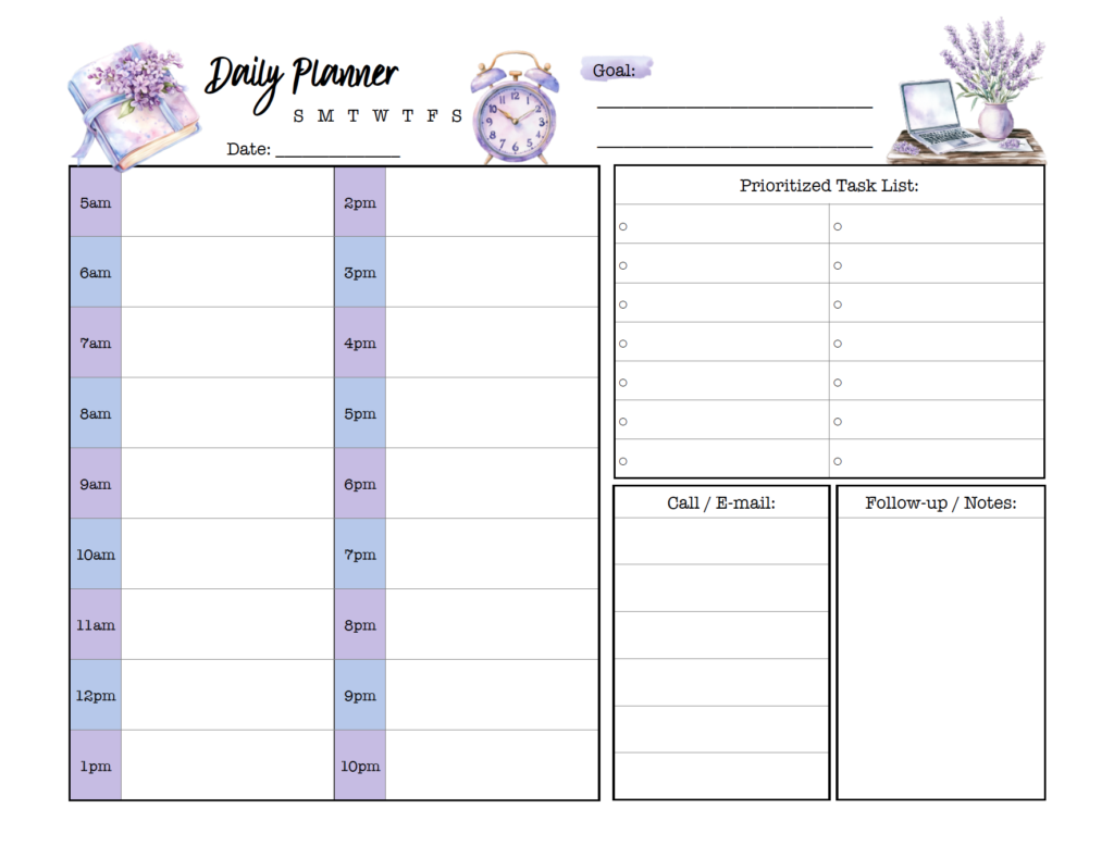 Organize your schedule and priorities with this free printable horizontal daily planner! The cute purple design includes hourly time slots from 5 a.m. to 10 p.m., a prioritized task list, a daily goal, and sections for calls/emails and follow-ups. Download this landscape PDF and print to keep your day organized.