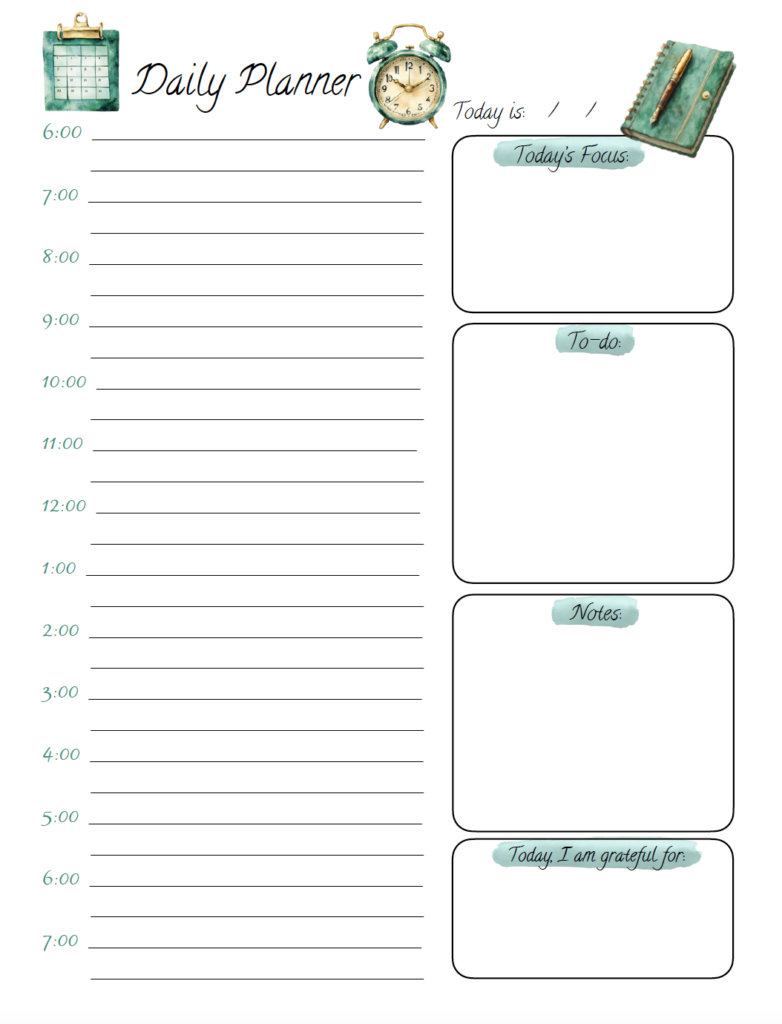Plan your day with this free printable hourly daily planner! The cute green design includes a schedule from 6 a.m. to 8 p.m., plus sections for your daily tasks, today's focus, notes, and gratitude. Download this daily schedule planner PDF and print.