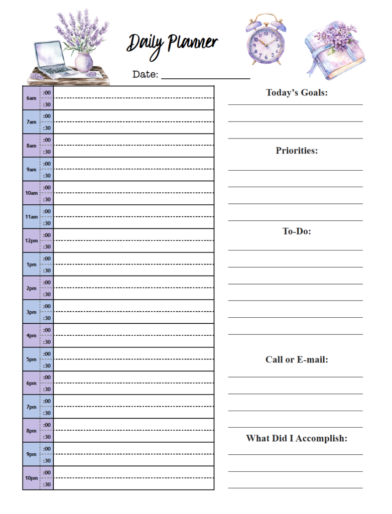 Looking for a cute daily planner with a detailed schedule? This free printable purple daily planner has 30-minute time slots from 6 a.m. to 11 p.m., plus space for goals, priorities, tasks, calls or emails, and daily accomplishments. Download the free PDF and print to plan your day.