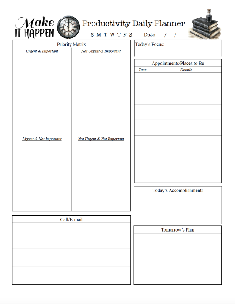 Prioritize your tasks with this free printable daily productivity planner. The minimalist design features an Eisenhower Matrix to organize tasks by urgency and importance, plus space for appointments, calls/emails, daily accomplishments, and tomorrow's plan. Download this free PDF task planner, print, and start organizing your day.
