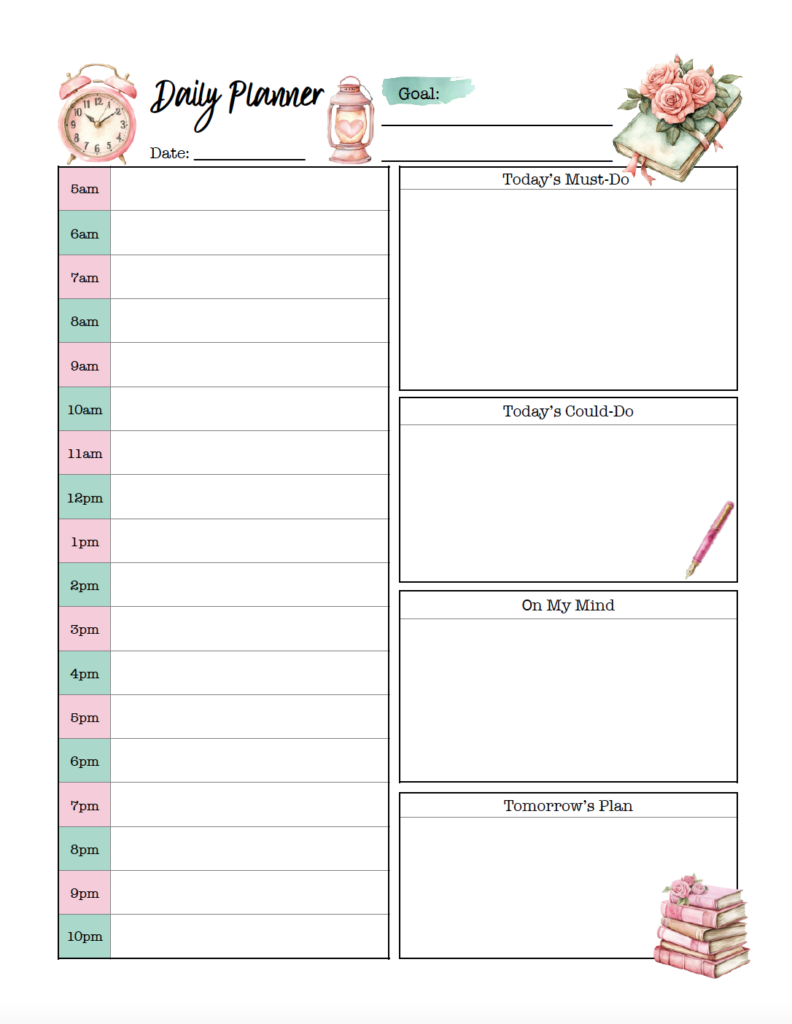 Stay organized with this cute pink daily productivity planner. The free printable includes an hourly schedule from 5 a.m. to 10 p.m., a daily goal, separate lists for must-do and could-do tasks, space for notes, and tomorrow's plan. Just download the free PDF and print.
