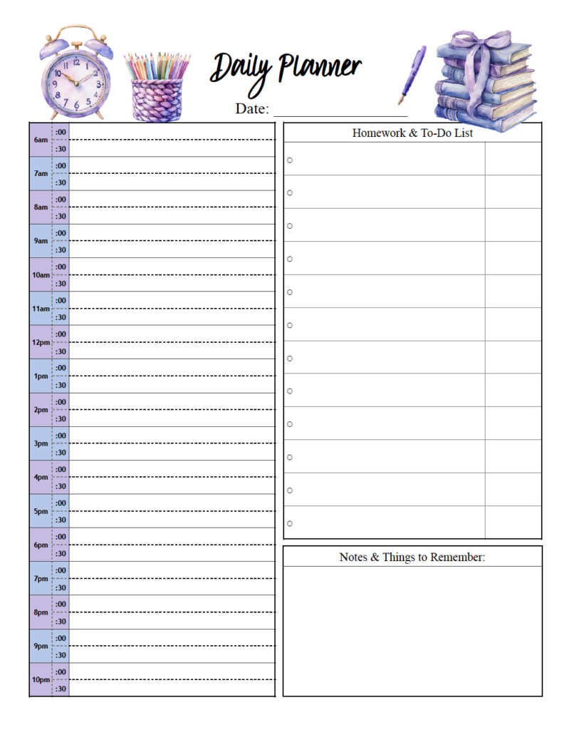 Organize classes, homework, and study time with this free printable student daily planner! The cute purple design features a schedule from 6 a.m. to 11 p.m. in 30-minute intervals, a homework and to-do list, and space for notes and reminders. Download this free PDF and print to keep track of schoolwork and activities.