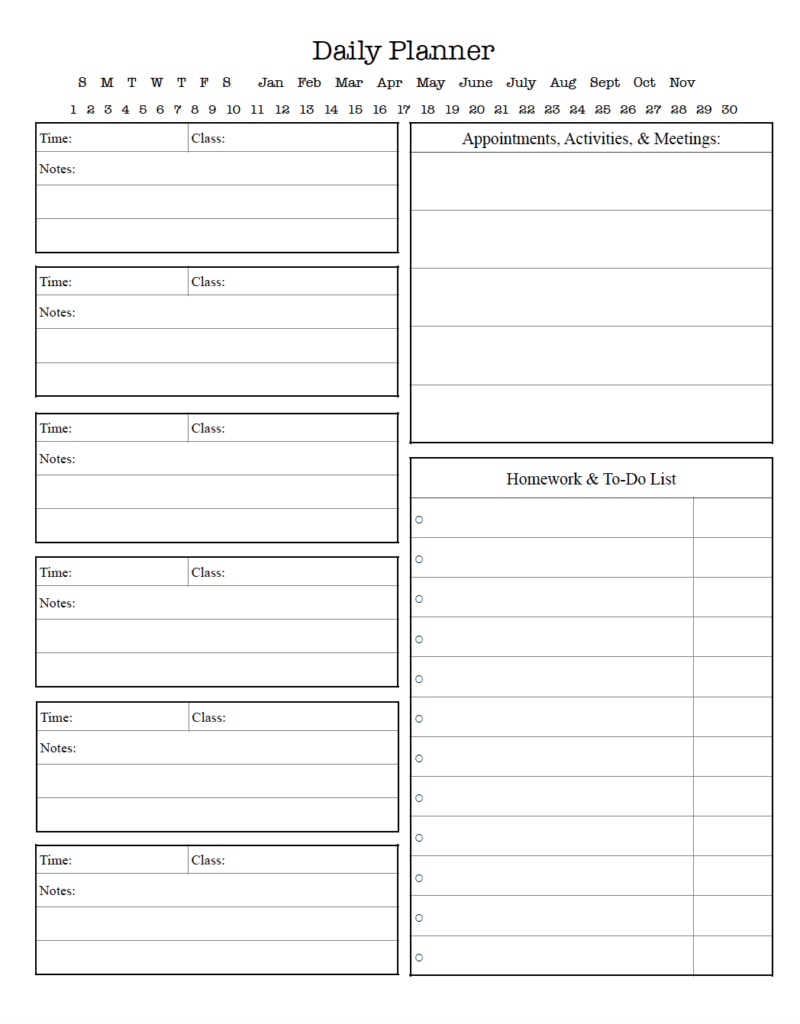 Keep your school day organized with this free printable daily student planner. The simple black-and-white layout includes space for six classes with flexible start times. There is also space to note appointments and activities. And a homework checklist with room for due dates. Just download the PDF and print.