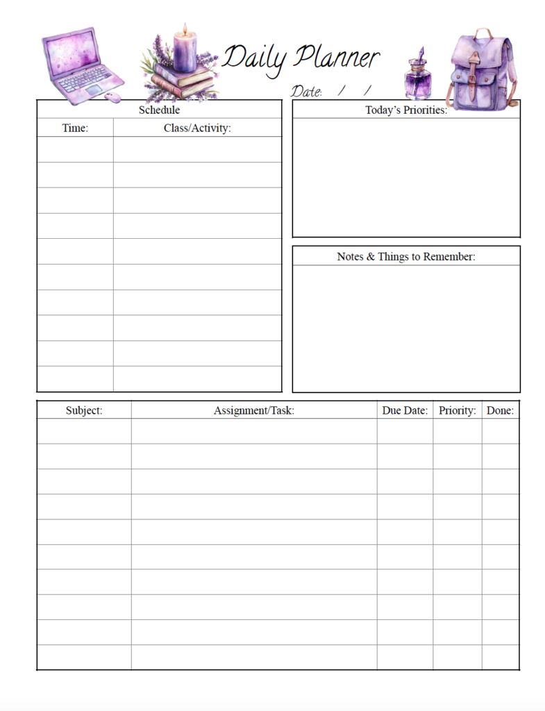 Stay on top of assignments with this free printable student daily planner. The cute purple layout includes a flexible schedule for classes and activities, a detailed homework tracker with due dates and priorities, and space for daily priorities and notes/reminders. Just download the free PDF and print.