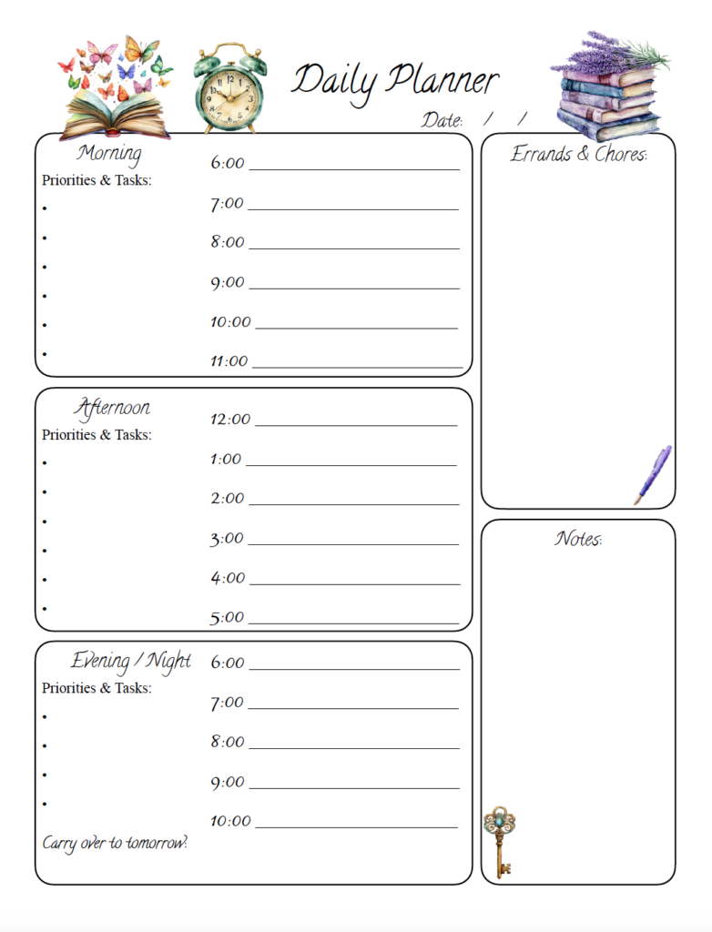 Organize your day with this free printable daily time blocking planner. Divide your schedule into three sections, each with space for priorities, tasks, and hourly activities. Includes sections for errands & chores, notes, and tasks to carry over to tomorrow. Download the free PDF and print to start planning your day and managing your time.