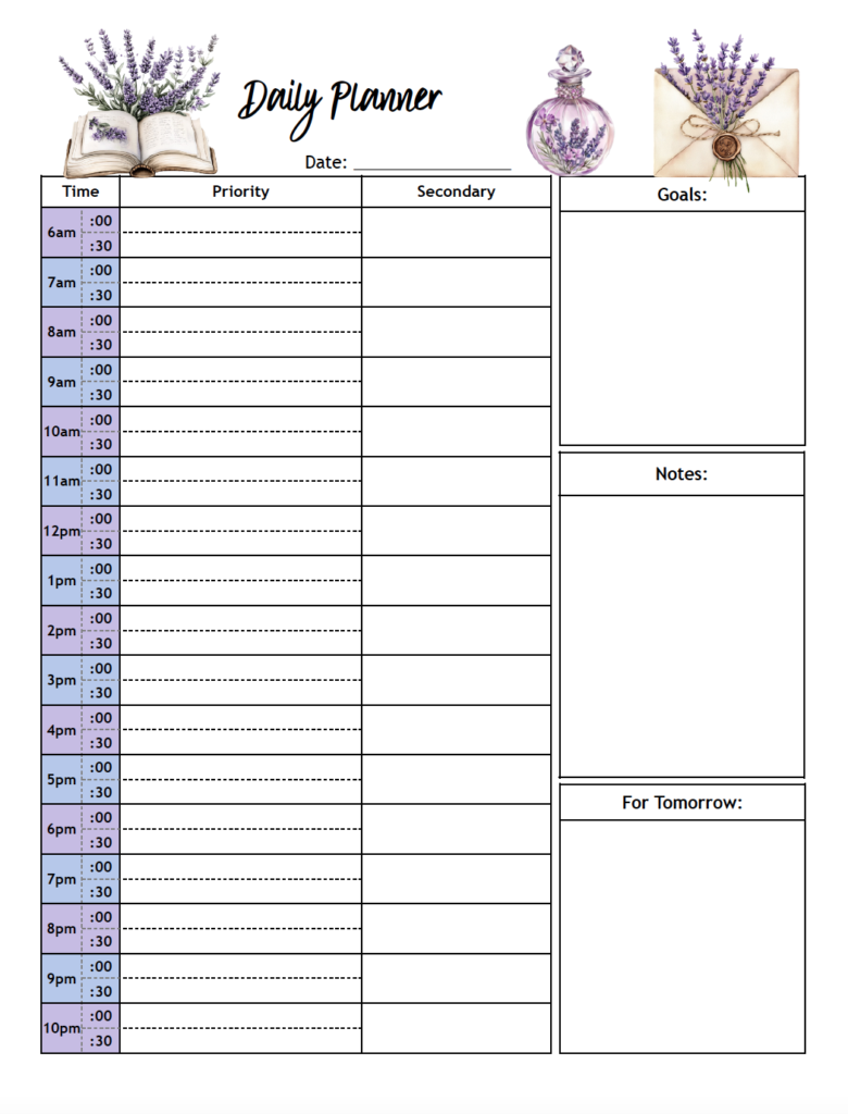 Plan your time with this free printable time blocking planner. The cute purple design features 30-minute time slots from 6 a.m. to 11 p.m., with two columns for primary activities and secondary tasks or priorities. Includes space for goals, notes, and tomorrow's reminders. Just download the free PDF and print.