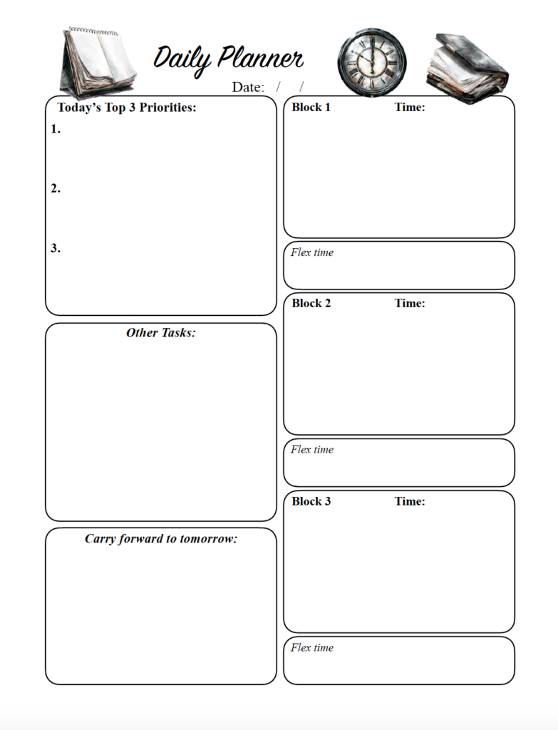 Try a flexible approach to time management with this free printable time blocking planner. Organize your day into three customizable time blocks with extra flex time between them. Includes sections for your top three priorities, daily tasks, and tomorrow's to-do list. Download this minimalist daily planner PDF and print.