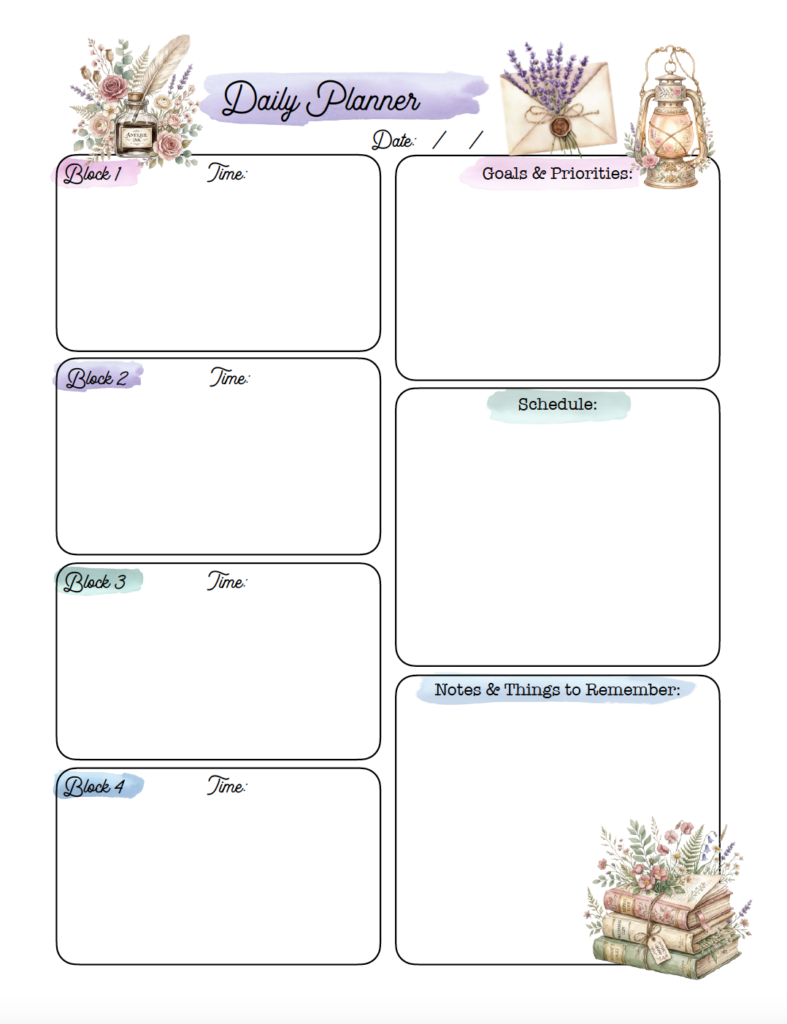 Make daily planning a little prettier with this cute free printable time blocking planner. The pastel cottagecore design includes four customizable time blocks, plus sections for goals, priorities, your schedule, and notes. Fill in the blocks with times, durations, or events to create a routine that works for you. Download the free PDF planner and print.