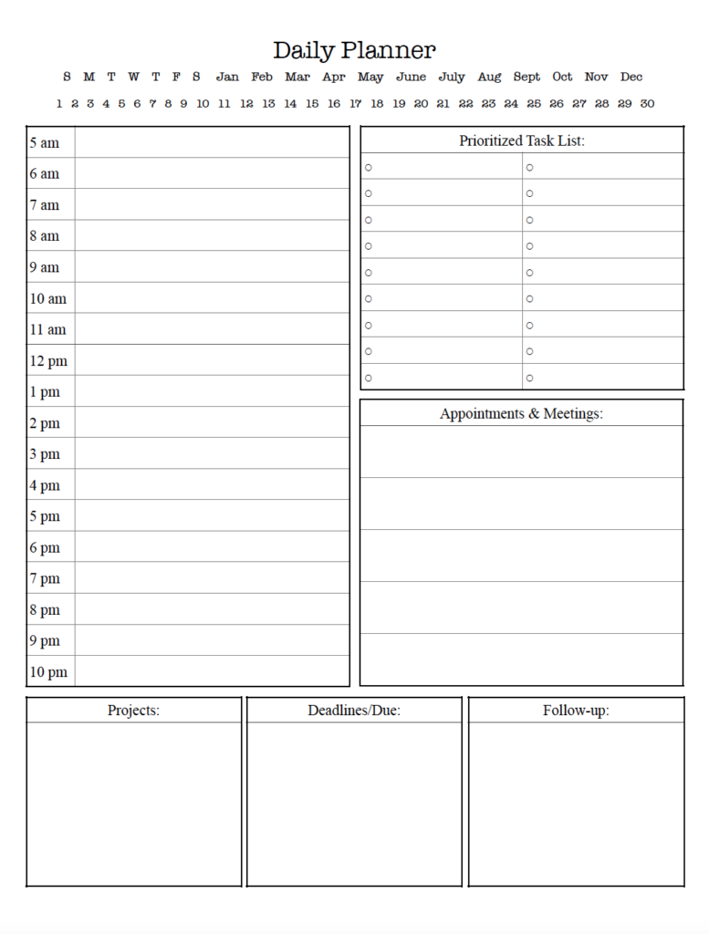 Stay organized at work with this free printable daily work planner! The minimalist black-and-white design includes an hourly schedule from 5 a.m. to 10 p.m., a prioritized task list, meeting area, projects, deadlines, and follow-ups. Download the PDF and print to manage your work schedule and keep important tasks on track.
