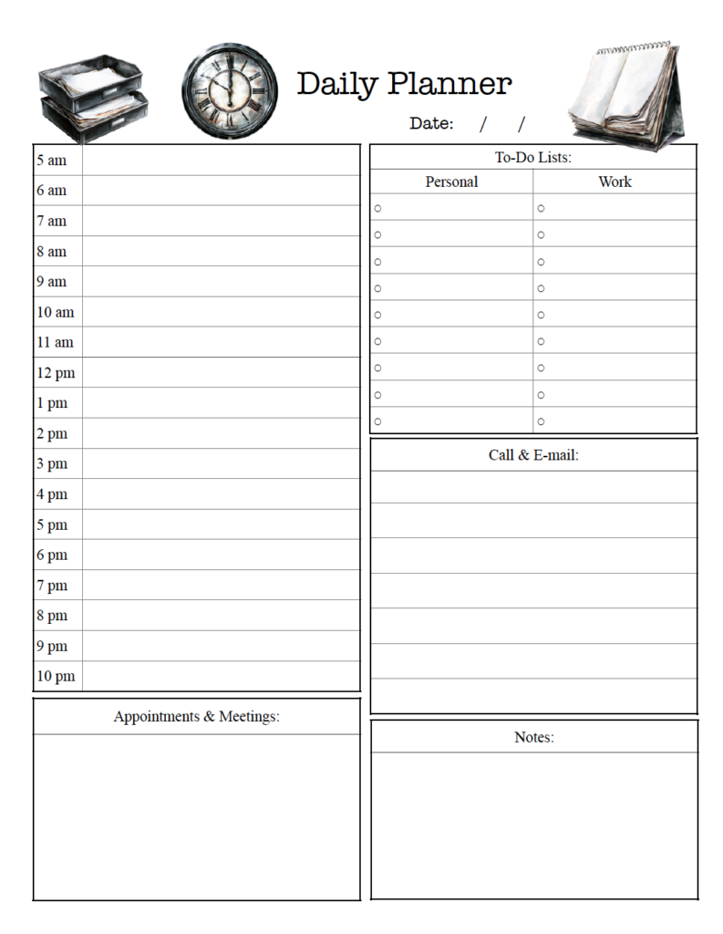 Organize your workday with this free printable daily planner! The minimalist design with watercolor accents features an hourly schedule from 5 a.m. to 10 p.m., separate work and personal to-do lists, a call/email list, and space for appointments/meetings and notes. Download the free PDF and print to keep your daily schedule and tasks organized.