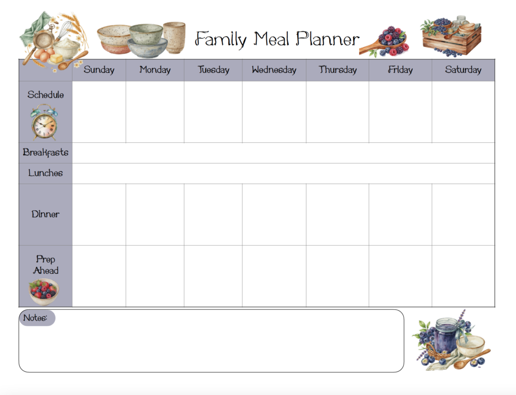 Plan your familyโs meals around your busy week with this free printable family meal planner. The landscape layout includes space for your schedule, dinner plans, breakfasts and lunches, and daily prep ahead reminders so you can see what needs to be done before dinner. Download the free PDF and print.