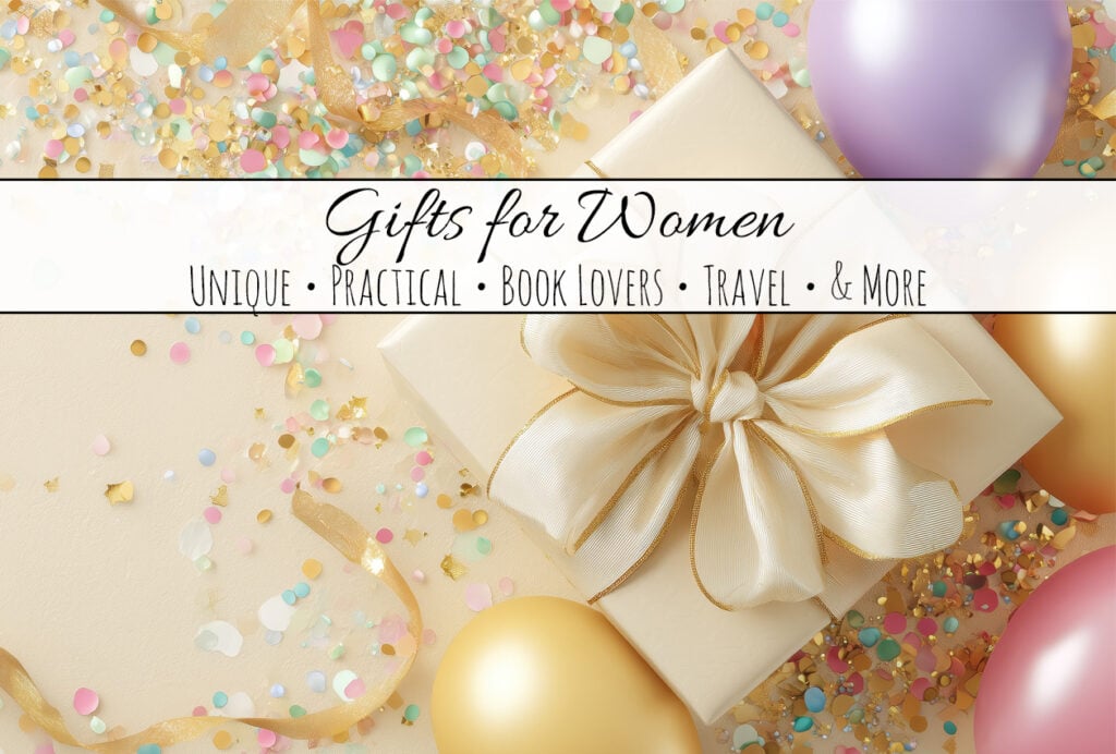 Gift wrapped in cream paper with a large cream and gold bow. Balloons and pastel confetti. Text overlay says gifts for women.