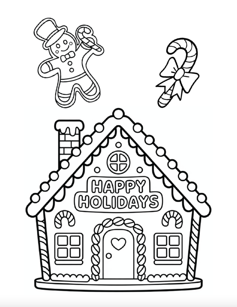 Print this free gingerbread house coloring page for a sweet Christmas activity for kids! The printable features a decorated gingerbread house, gingerbread man, and candy cane to color. A fun and easy Christmas coloring page for home, classrooms, or holiday parties. Free PDF download.