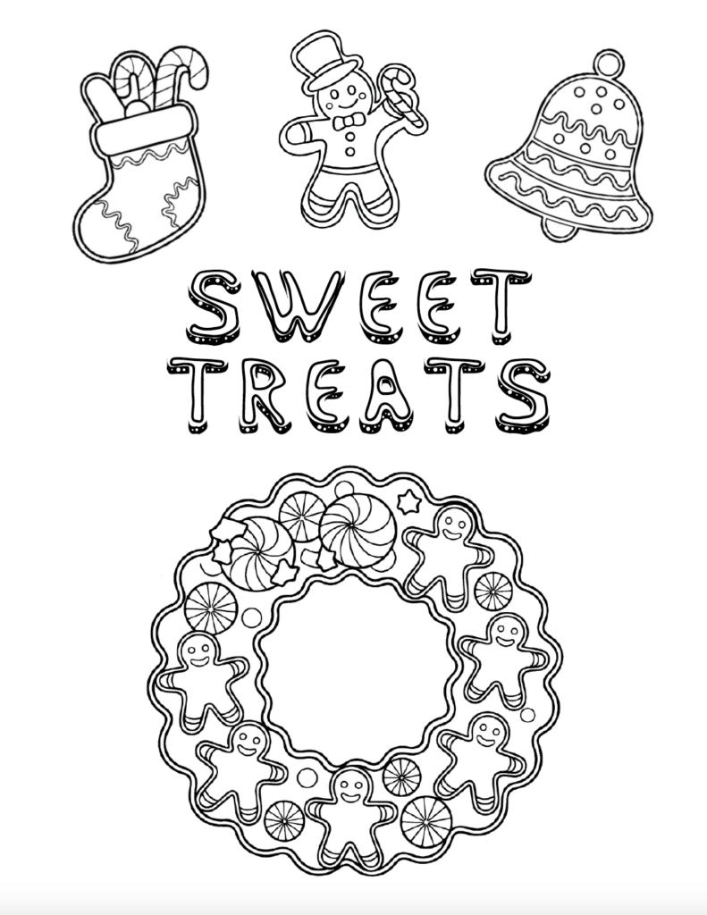 Color some Christmas treats with this free printable gingerbread coloring page! It features a gingerbread wreath surrounded by Christmas cookies, including a gingerbread man, bell, and stocking, plus “Sweet Treats” lettering to color. A cute Christmas cookie coloring page for kids to enjoy during the holiday season. Free PDF download.