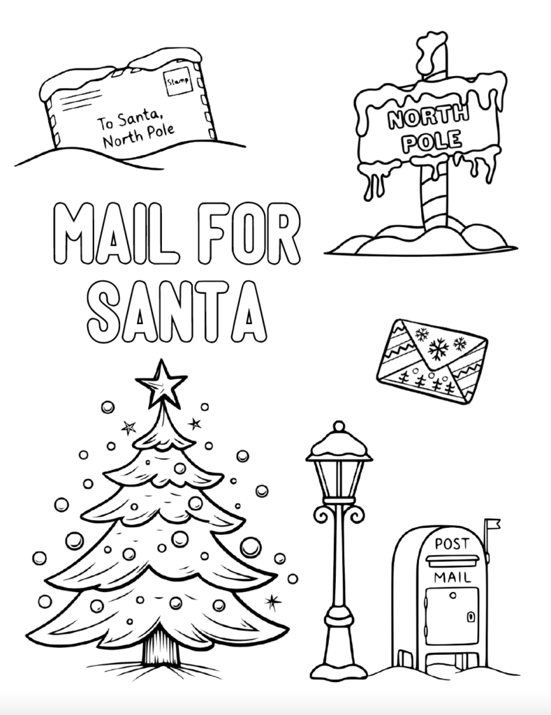 Print this free Christmas tree coloring page for a fun holiday activity for kids! The Mail to Santa scene features a snow-covered Christmas tree, post office box, letter to Santa, North Pole sign, and “Mail to Santa” lettering to color. An easy printable Christmas coloring page for home or the classroom. Free PDF download.