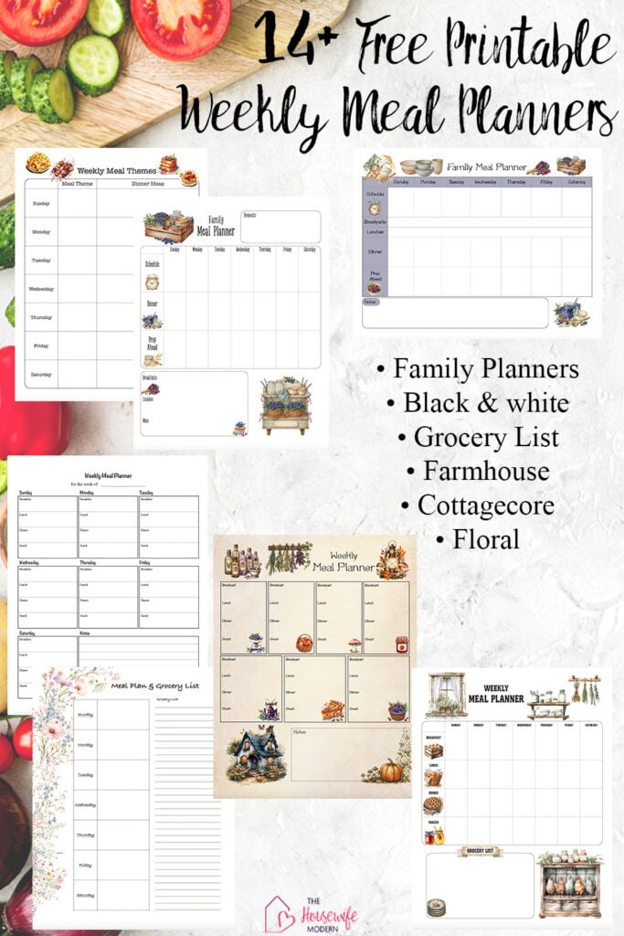 Looking for a free printable weekly meal planner? Choose from 14+ designs, including family meal planners, minimalist black-and-white templates, meal planners with grocery lists, farmhouse, cottagecore, and floral styles. Whether you're planning dinners for a busy family or organizing your weekly menu and grocery shopping, find a printable meal planner that fits your needs.