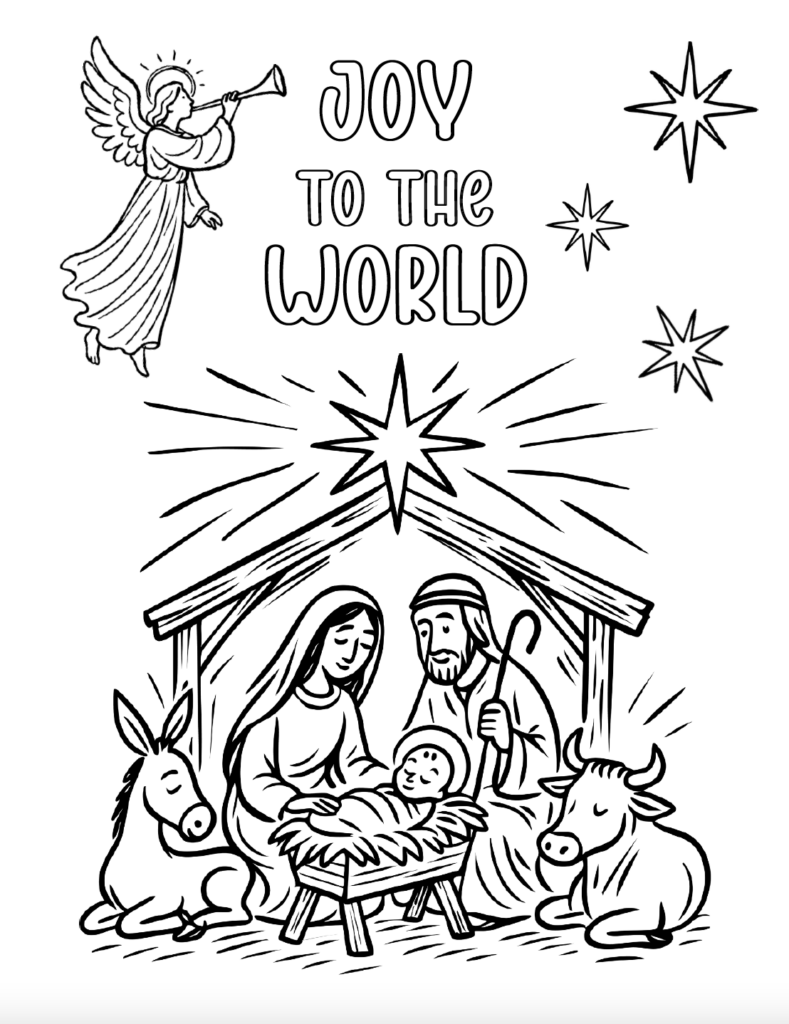 Print this free Nativity scene coloring page for a meaningful Christmas activity for kids. The printable features Mary, Joseph, baby Jesus, animals, an angel, stars, and “Joy to the World” lettering to color. A beautiful Christian Christmas coloring page for home, Sunday school, or the classroom. Free PDF download.