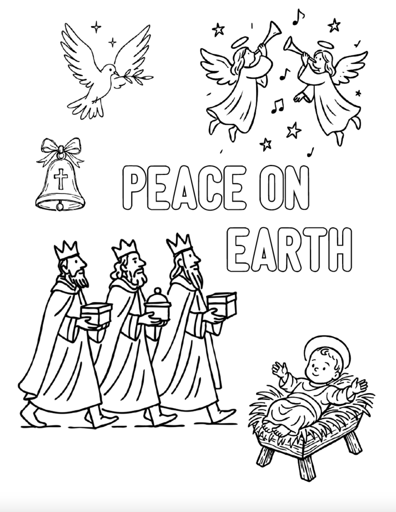 Celebrate the Christmas story with this free printable Christian Christmas coloring page for kids. Baby Jesus rests in the manger surrounded by the three Wise Men, an angel, dove, and bell, with “Peace on Earth” lettering to color. A festive Nativity coloring page for home, Sunday school, or classroom Christmas activities. Free PDF download.